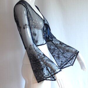 Sheer Blue Cropped Top With Metallic Embroidery & Wide Bell Sleeves